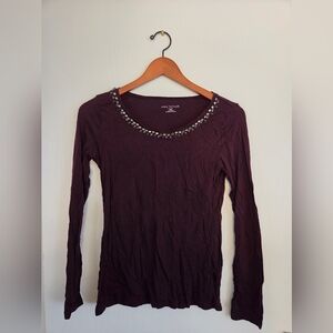 Ann Taylor Deep Purple Long Sleeve Top with Embellished Neckline